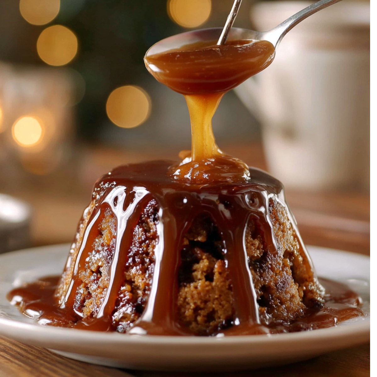 : A rich, individual sticky toffee pudding drizzled generously with warm toffee sauce, served on a white plate with a blurred festive background of golden lights.