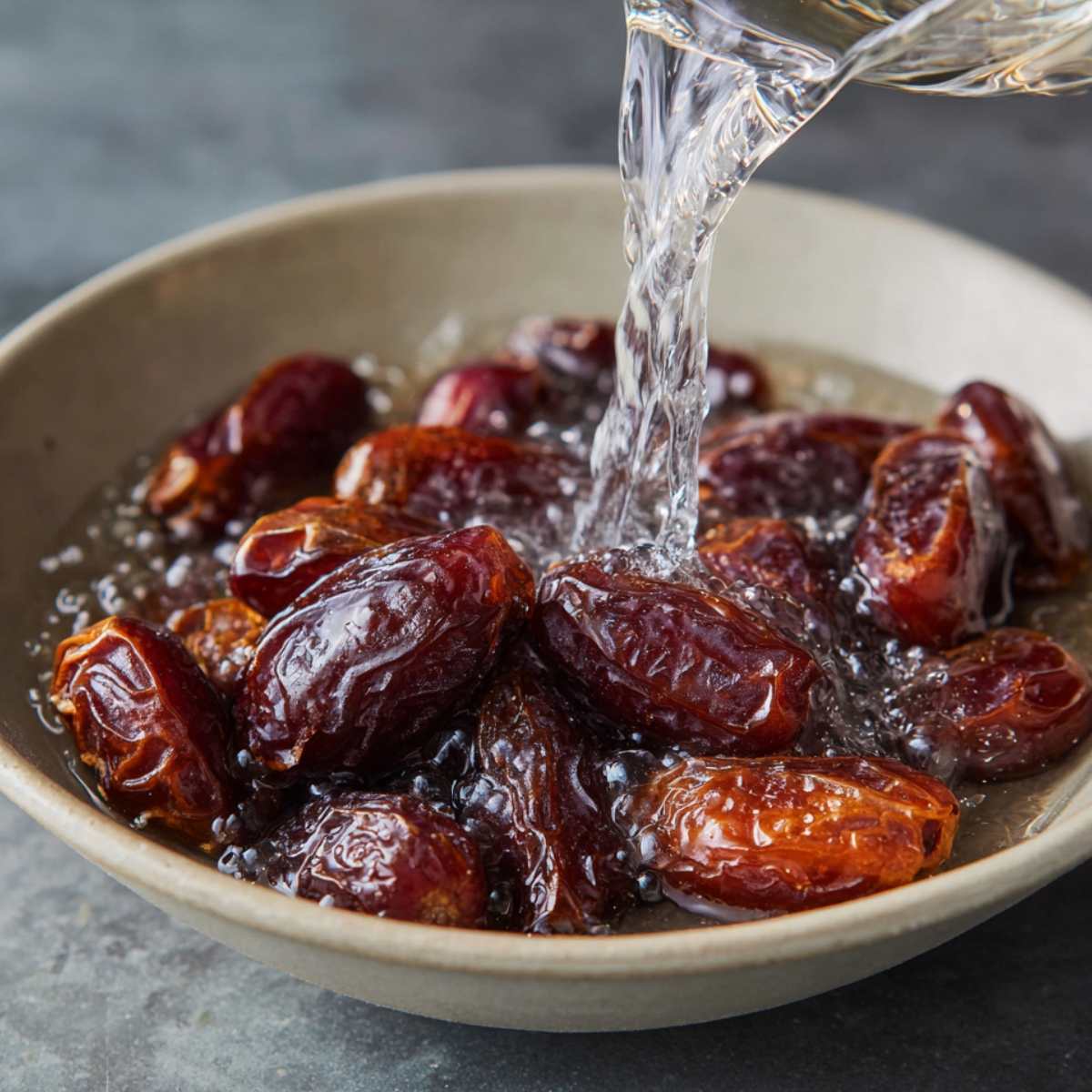 Whole dates being soaked in hot water in a shallow bowl, an essential step in softening them for sticky toffee pudding.
