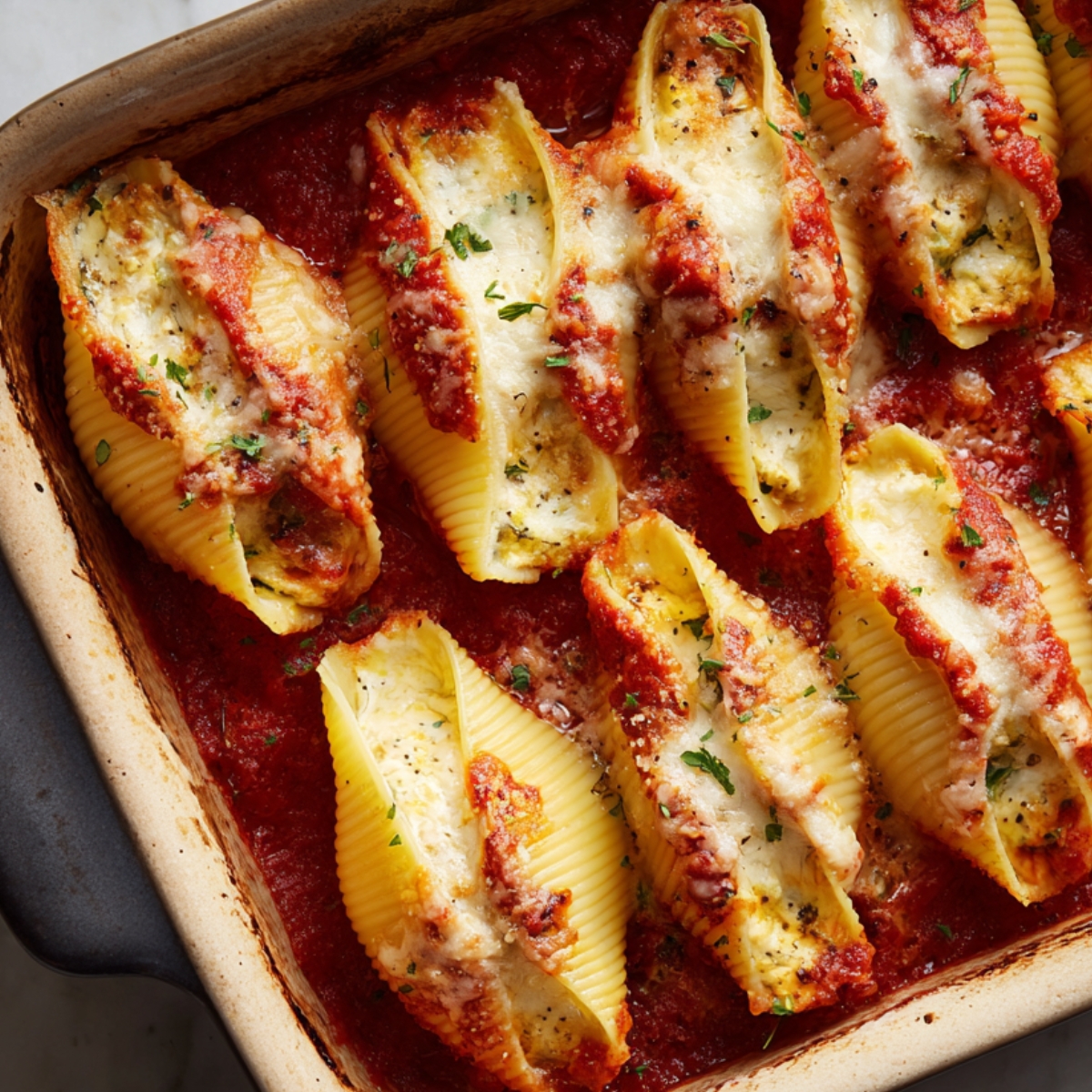 A close-up shot of a baking dish with baked stuffed manicotti shells, topped with tomato sauce, melted cheese, and fresh herbs.