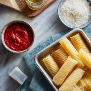 An overhead shot of ingredients for stuffed manicotti, including uncooked pasta shells, tomato sauce, Parmesan cheese, and a block of cheese.