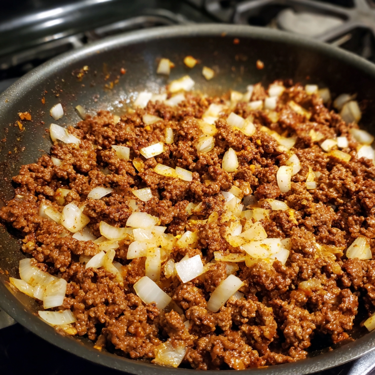 A skillet filled with browned ground beef mixed with chopped onions and taco seasoning.