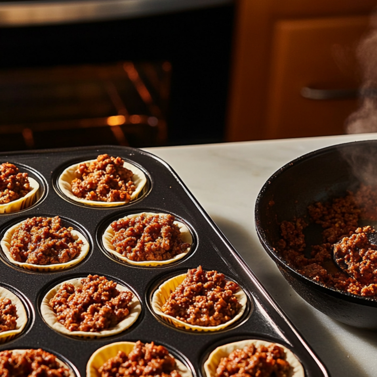 A muffin tin lined with dough cups, filled with cooked ground beef, sitting beside a steaming skillet of taco meat.