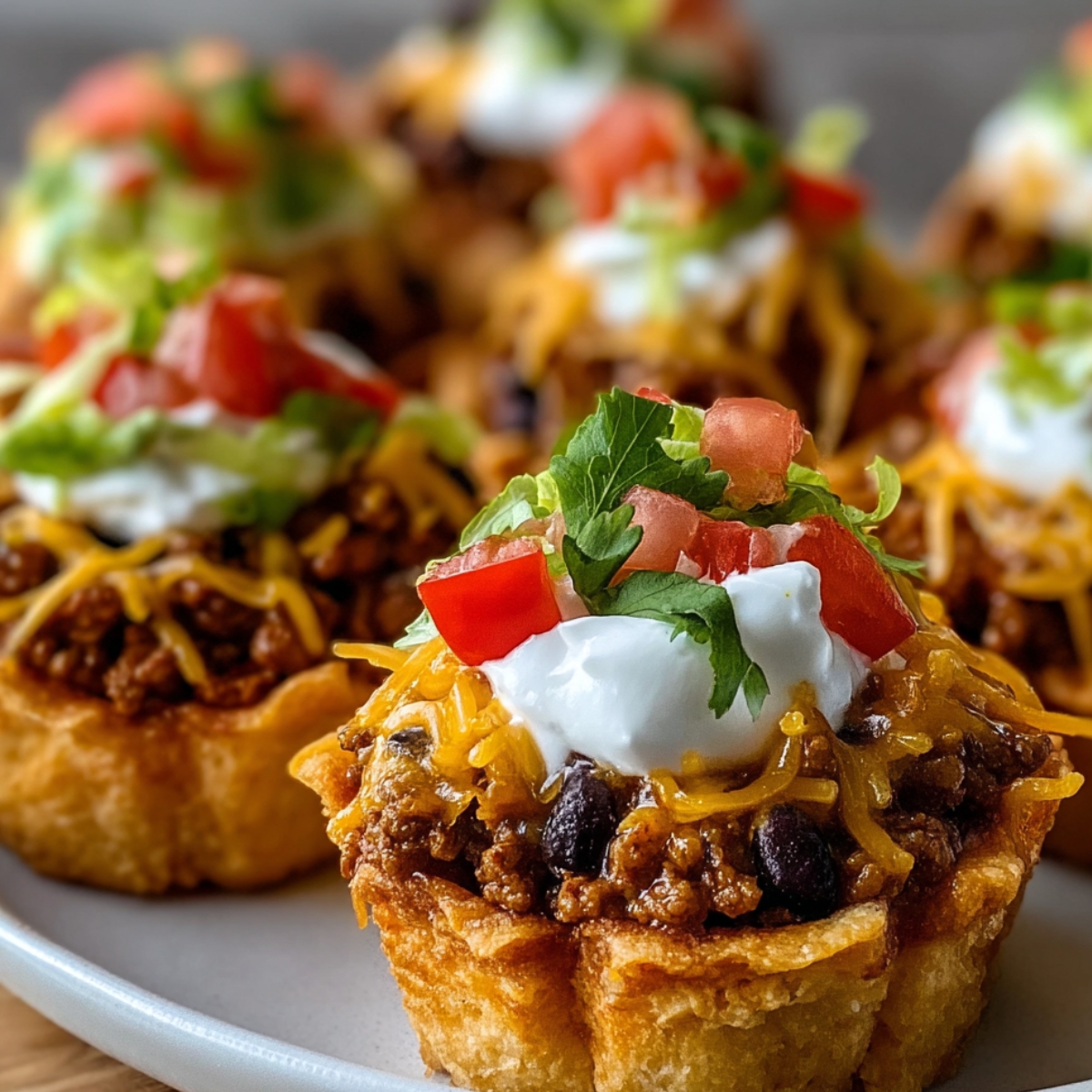 A golden baked taco cupcake filled with seasoned ground beef and beans, topped with melted cheddar cheese, sour cream, diced tomatoes, and fresh cilantro.