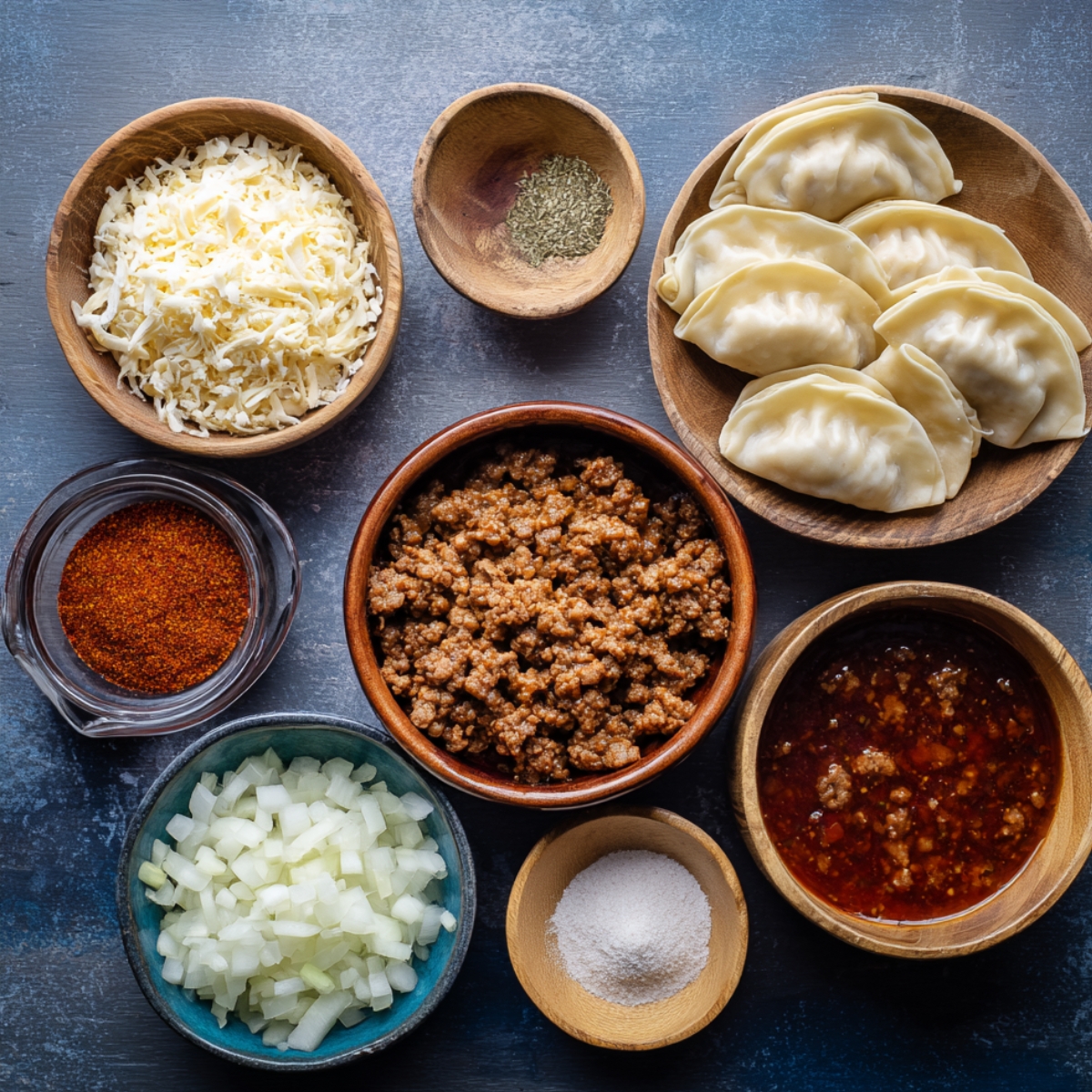 Wooden and glass bowls containing shredded cheese, onions, taco seasoning, cooked beef, tomato sauce, and dumpling wrappers, all laid out on a dark surface.