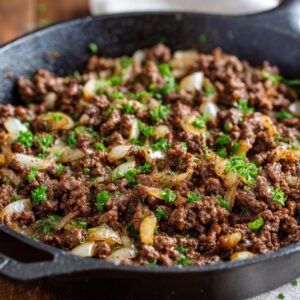 A cast iron skillet with sautéed ground beef and chopped onions, garnished with chopped parsley.