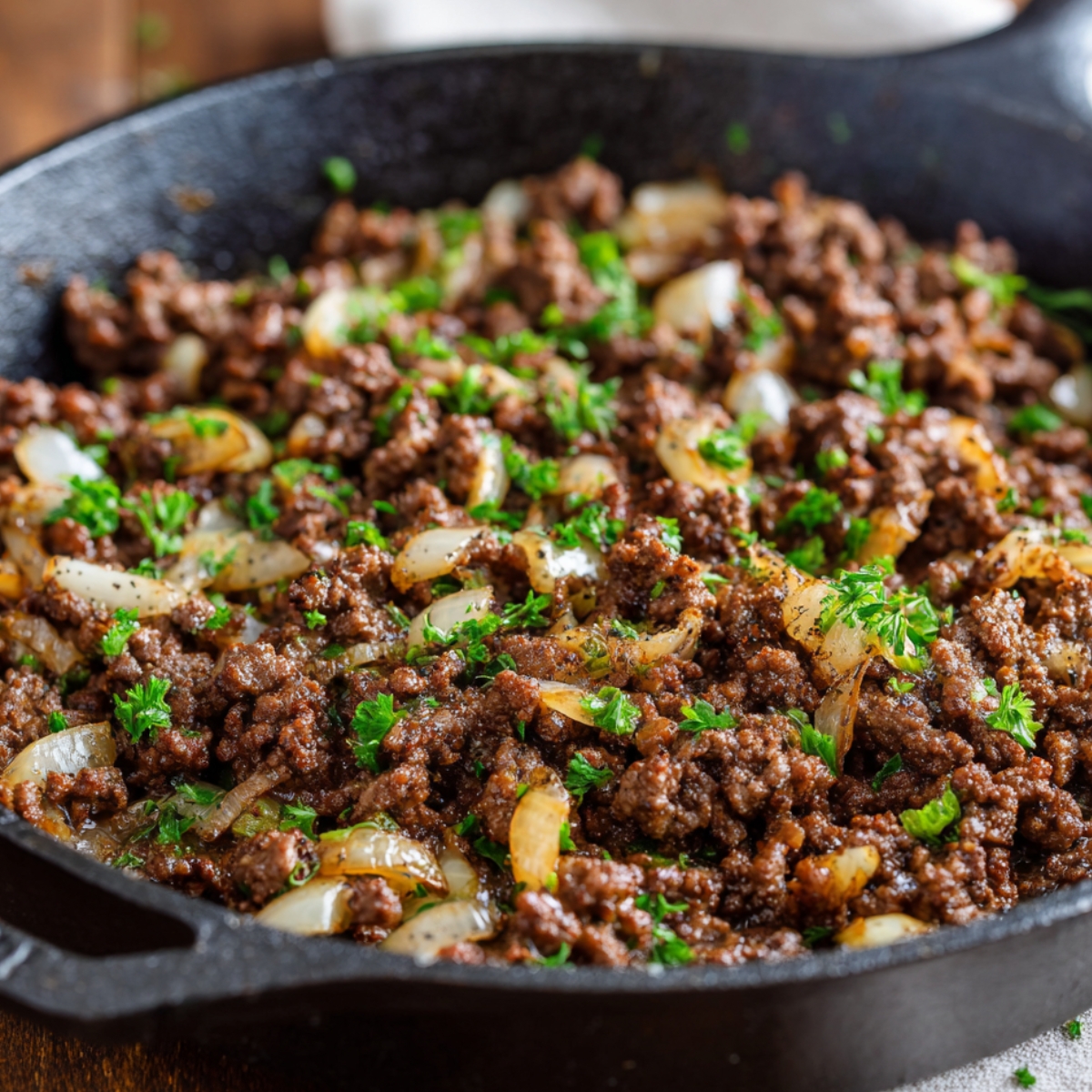 A cast iron skillet with sautéed ground beef and chopped onions, garnished with chopped parsley.