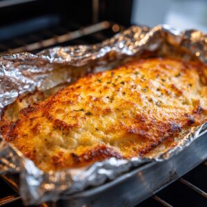 A baked spaghetti casserole fresh out of the oven, topped with melted golden cheese and garnished with herbs, inside a foil-lined baking dish.
