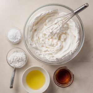 A close-up of the preparation process for berry pavlova with whipped cream being piped onto the meringue base and colorful berries ready for decoration.