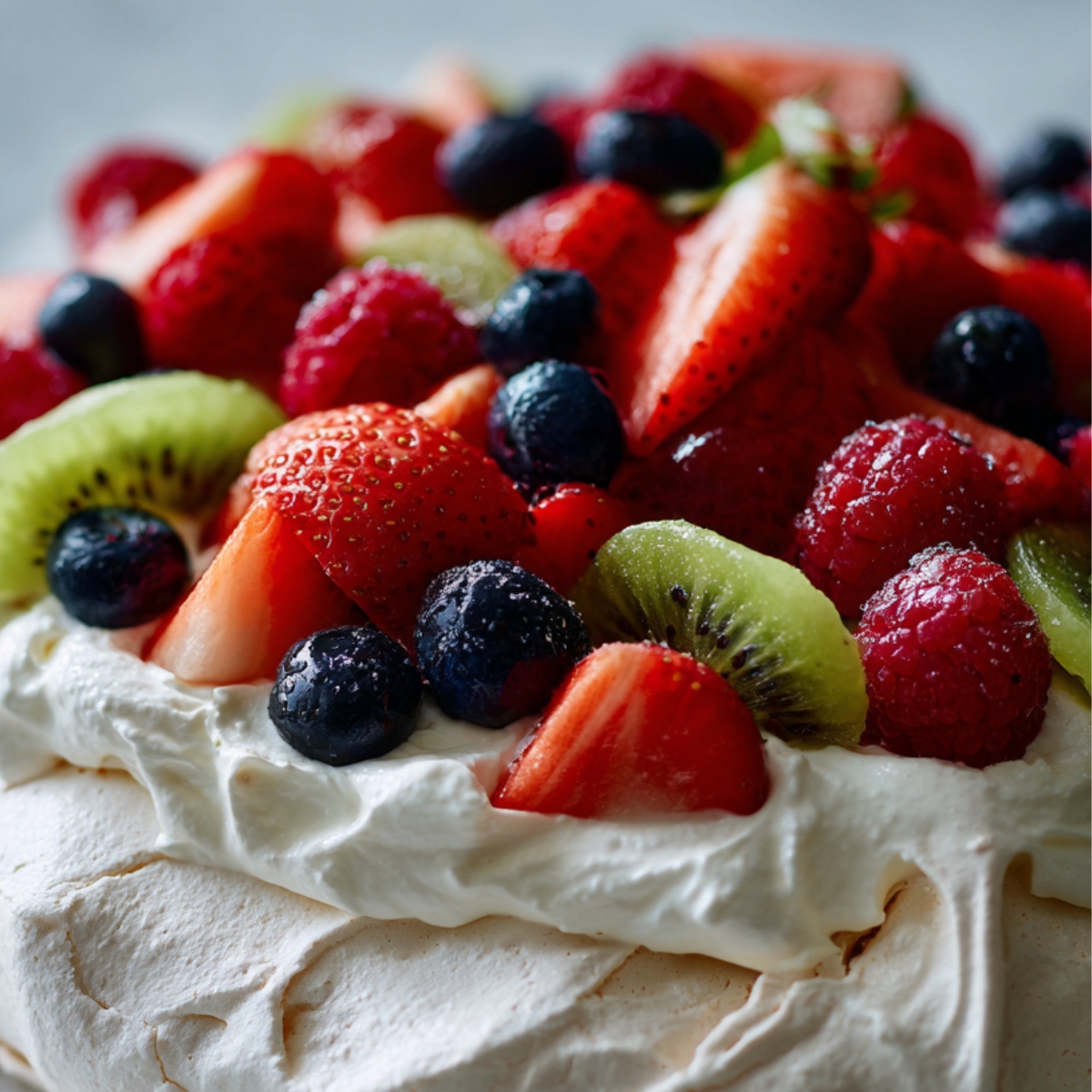 Fresh berries, including strawberries, blueberries, and raspberries, carefully arranged on top of a light meringue base covered with whipped cream.