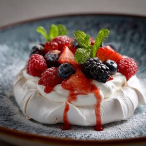 A bowl of whipped cream being spread onto a meringue base for a pavlova, with fresh mixed berries and mint leaves placed on top.