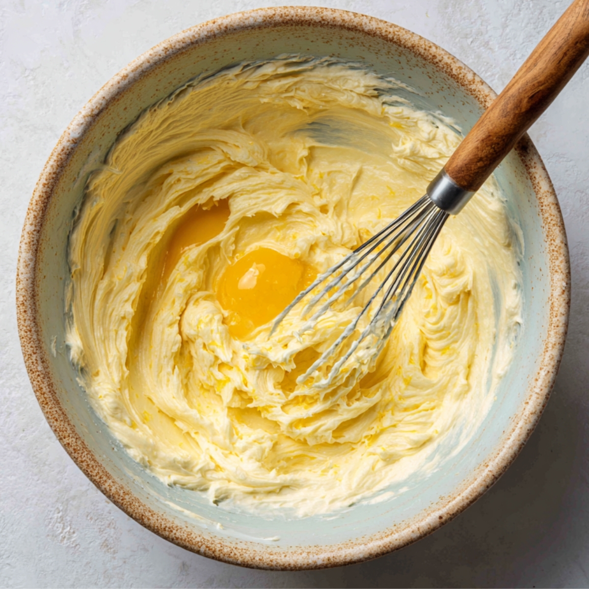 Butter, sugar, and eggs being mixed until fluffy, part of the wet ingredients for blueberry muffins.