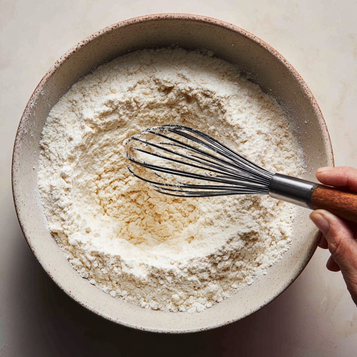 Flour, baking powder, and salt being whisked together in a ceramic bowl as dry ingredients for blueberry muffins.