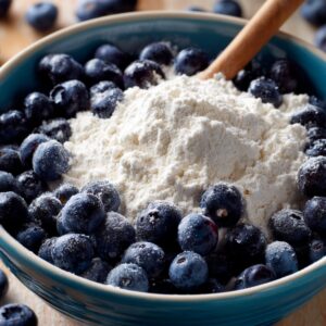 Fresh blueberries coated in flour in a blue bowl, ready to be folded into muffin batter.