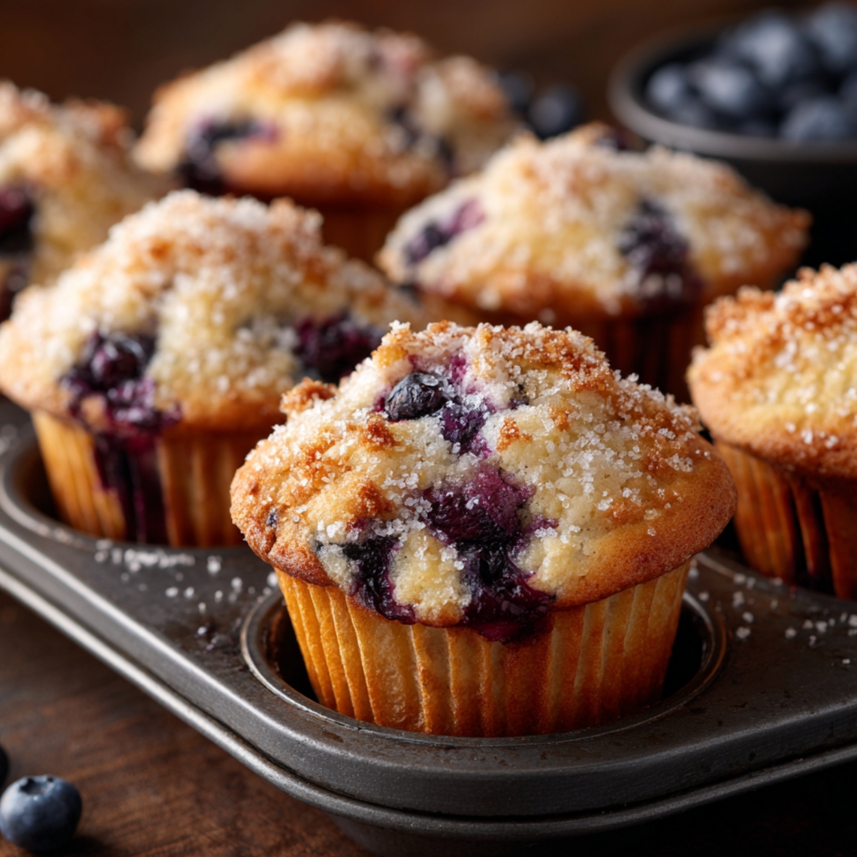 Freshly baked blueberry muffins in a muffin tin, topped with coarse sugar and bursting with juicy blueberries.