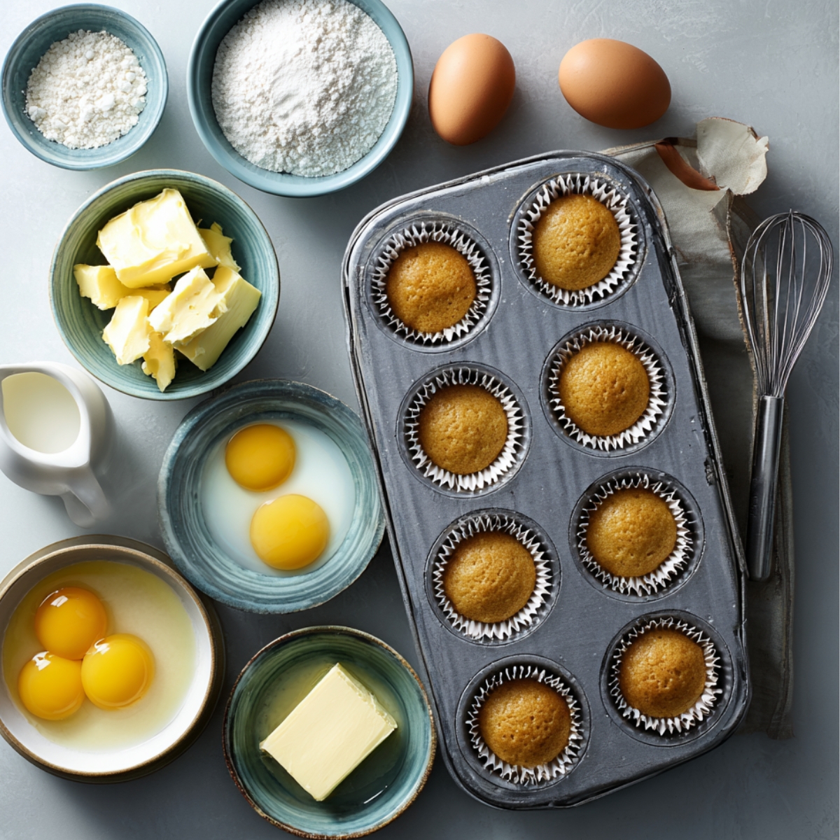 Butter, eggs, milk, flour, and a muffin tray arranged neatly for baking blueberry muffins.