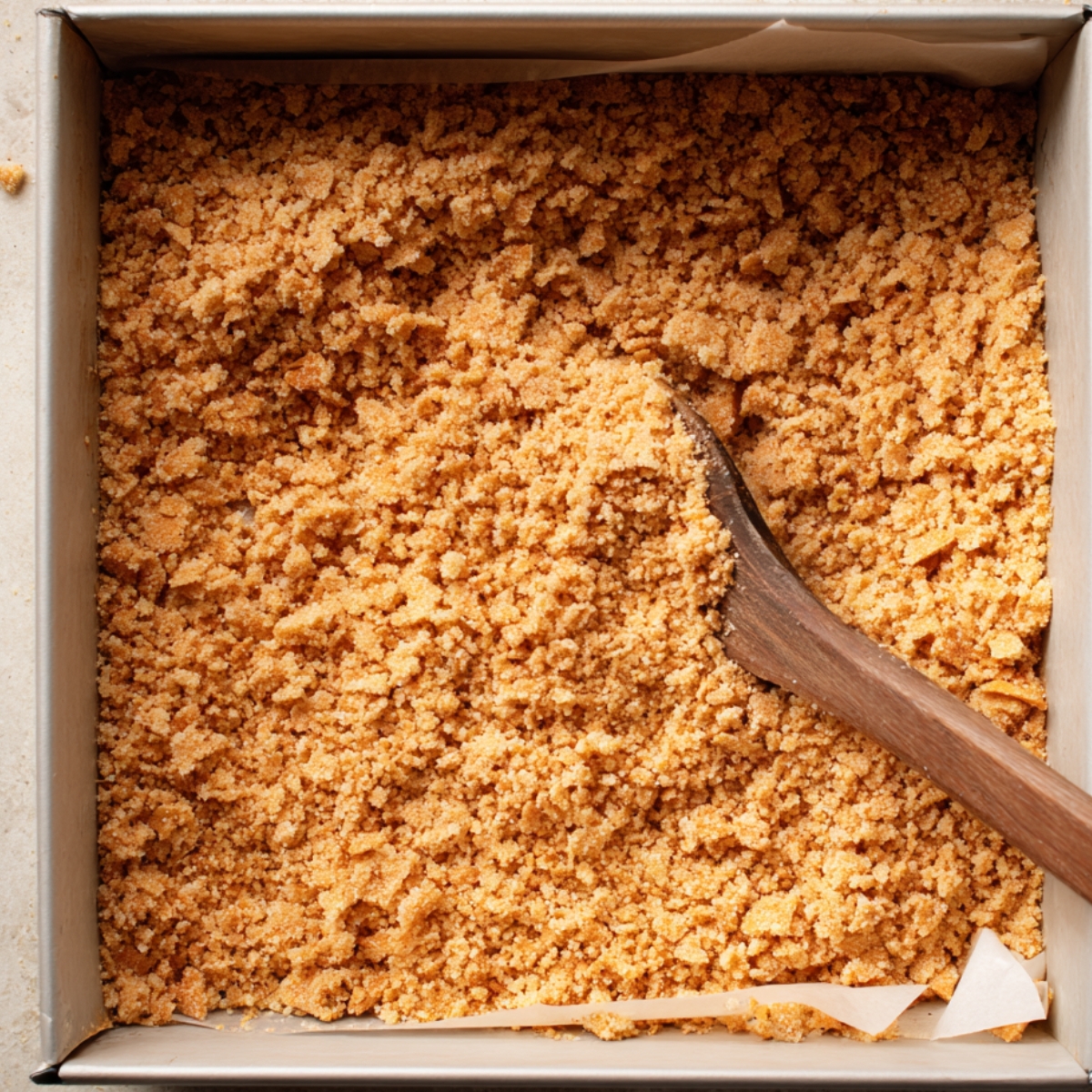 Crushed graham cracker crust mixture being spread evenly in a square baking pan.