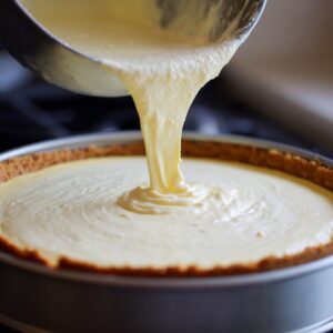 Creamy cheesecake batter being poured into a graham cracker crust in a round baking pan.