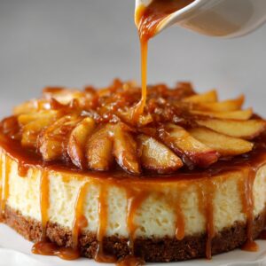 Caramel apple cheesecake topped with sliced apples and rich caramel sauce being drizzled over the top.