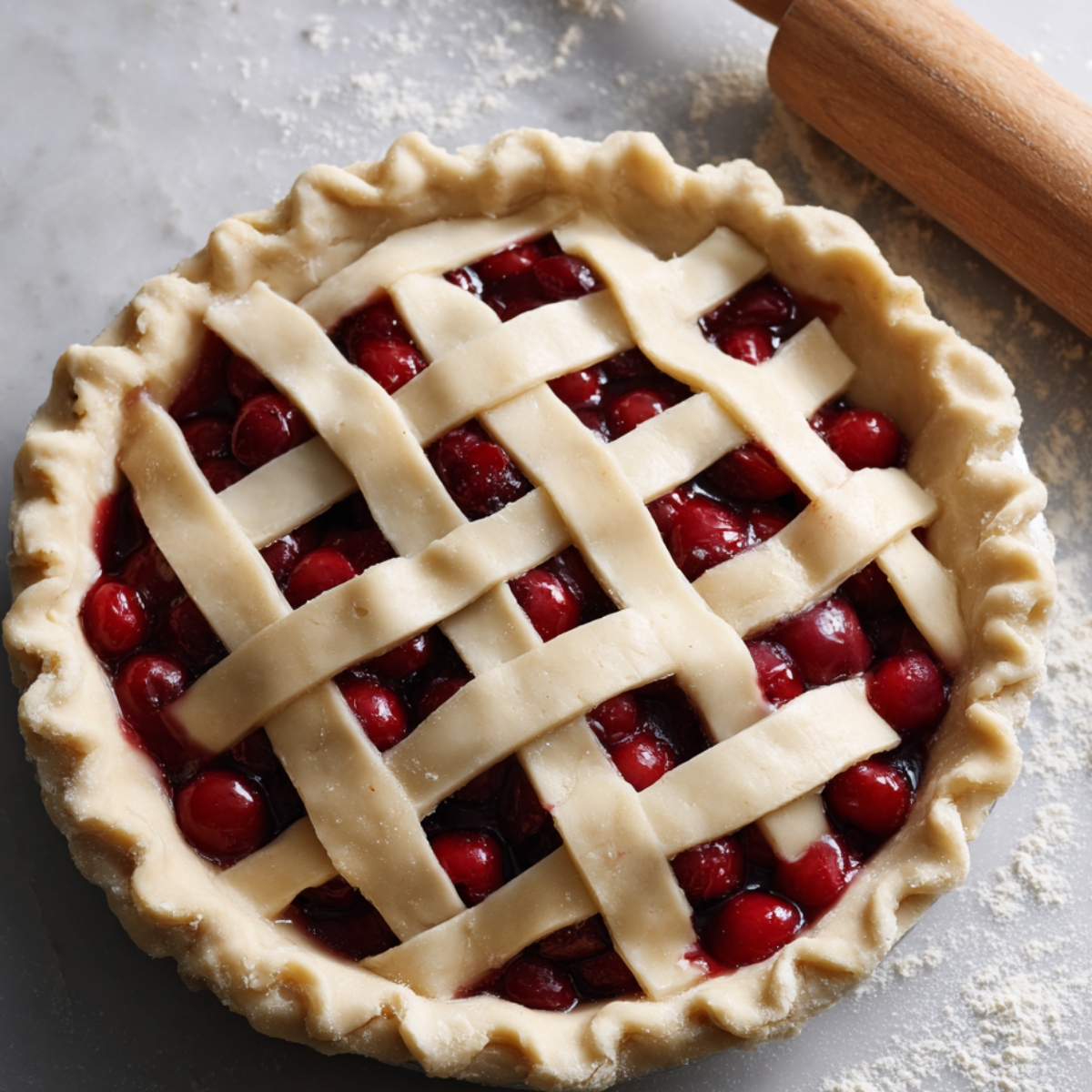 A cherry pie in a pie dish with a golden lattice crust, ready for baking, sitting on a floured marble surface with a wooden rolling pin nearby.