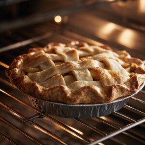 A golden lattice-topped cherry pie baking on the middle rack of an oven, with the crust beginning to brown and bubble around the edges in a foil pie pan.