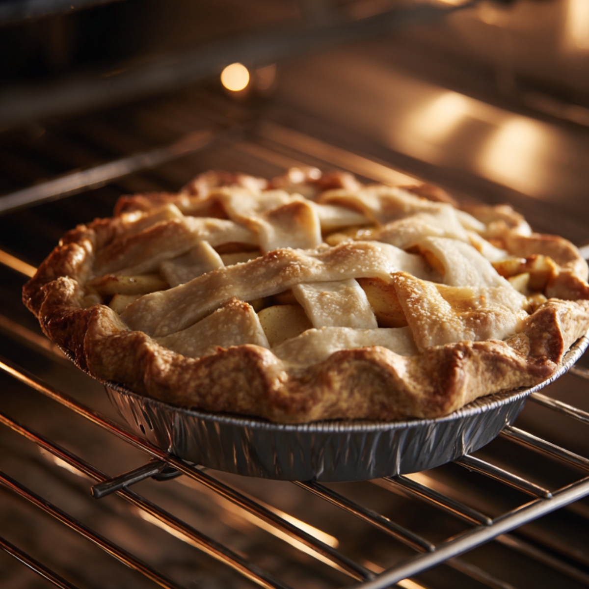 A golden lattice-topped cherry pie baking on the middle rack of an oven, with the crust beginning to brown and bubble around the edges in a foil pie pan.