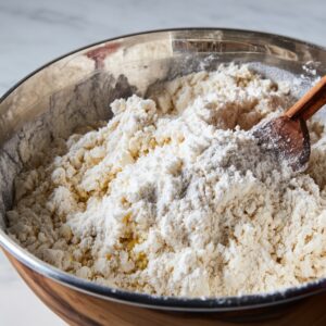 A large metal mixing bowl filled with pie crust dough in the early mixing stage, showing a crumbly texture with a wooden spoon resting inside.