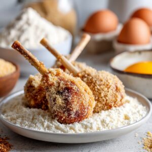 Raw chicken drumsticks shaped like lollipops, coated in breadcrumbs and flour.