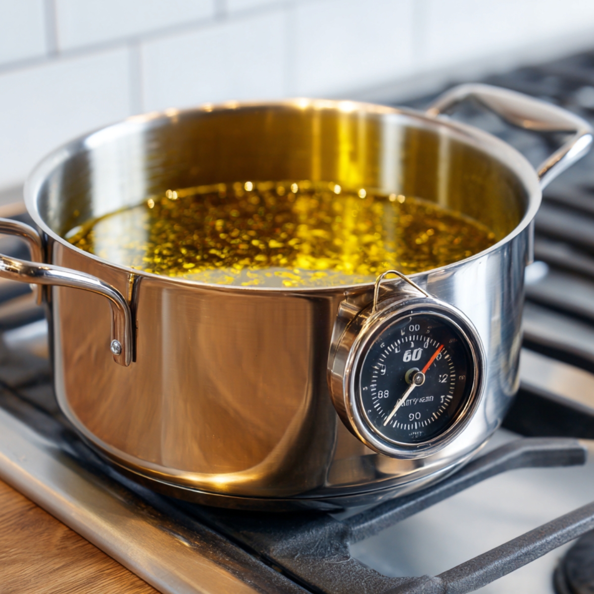 Pot filled with hot oil on a stove, with a thermometer attached to monitor temperature.