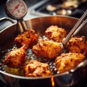 Fried chicken lollipops being cooked in hot oil with a food thermometer clipped to the pot.