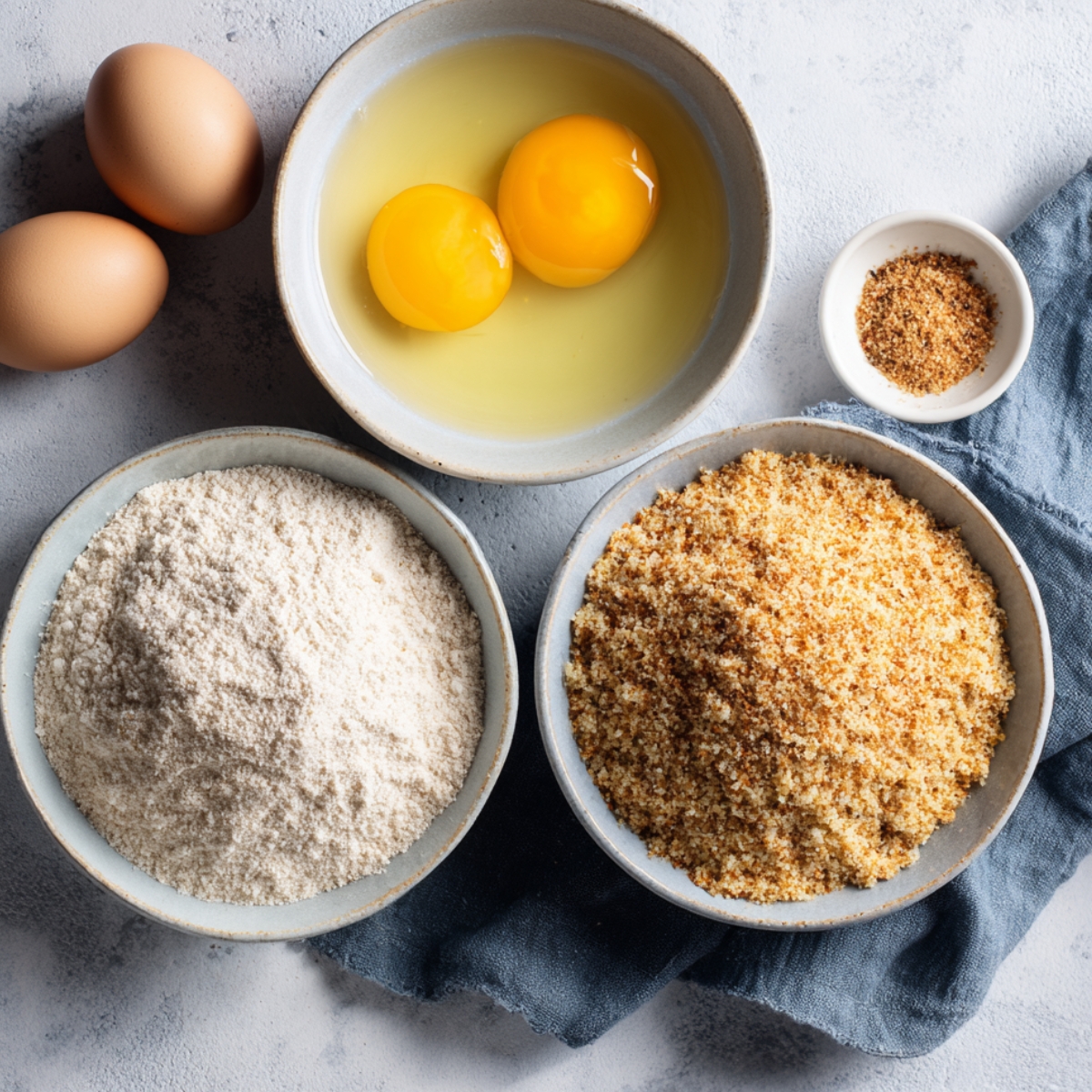 Ingredients for breading chicken including eggs, flour, and breadcrumbs in bowls.
