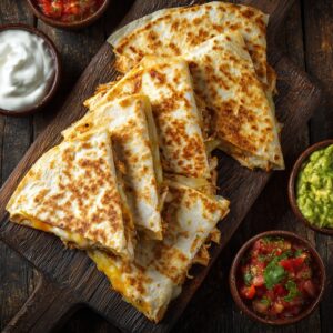 "Stacked slices of grilled chicken quesadillas on a wooden board with side bowls of salsa, sour cream, and guacamole."