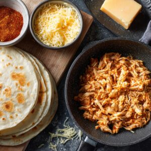 "Flat lay of chicken quesadilla ingredients including shredded chicken, tortillas, cheese, and seasonings on a kitchen counter."