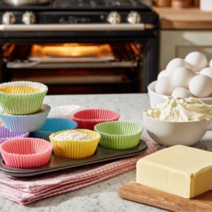 "Colorful cupcake liners filled with batter in a muffin tray, ready to be baked, with ingredients like butter and eggs in the background near an open oven."