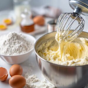 "Thick cupcake batter being mixed in a stainless steel bowl with a stand mixer, surrounded by flour, eggs, and vanilla."