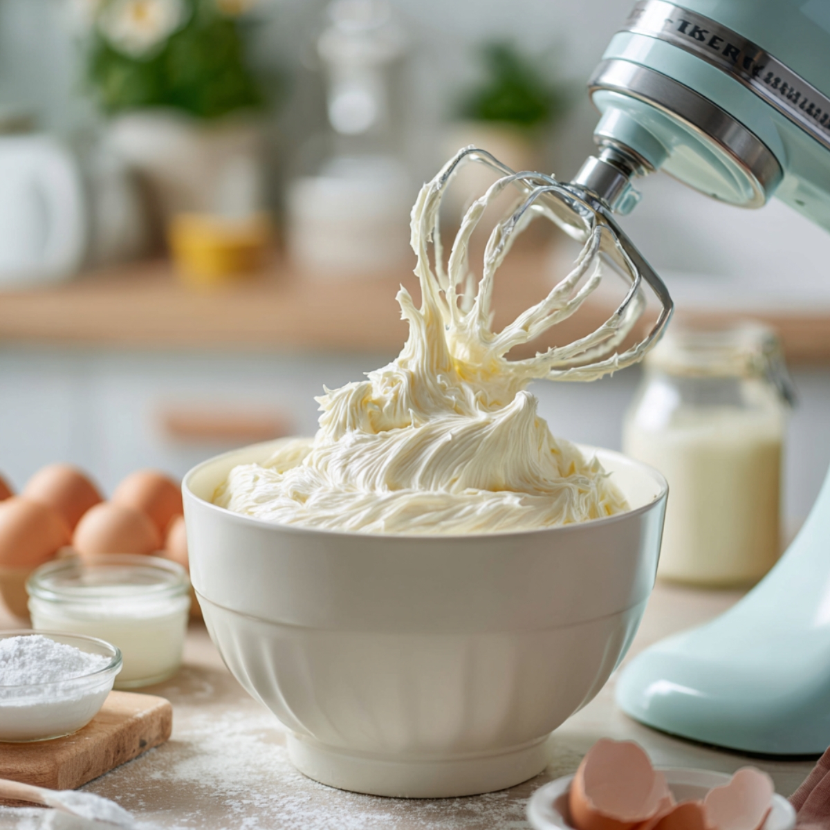 "Whipped vanilla frosting in a white bowl with a stand mixer beater above it, surrounded by eggs, powdered sugar, and milk on a kitchen counter."