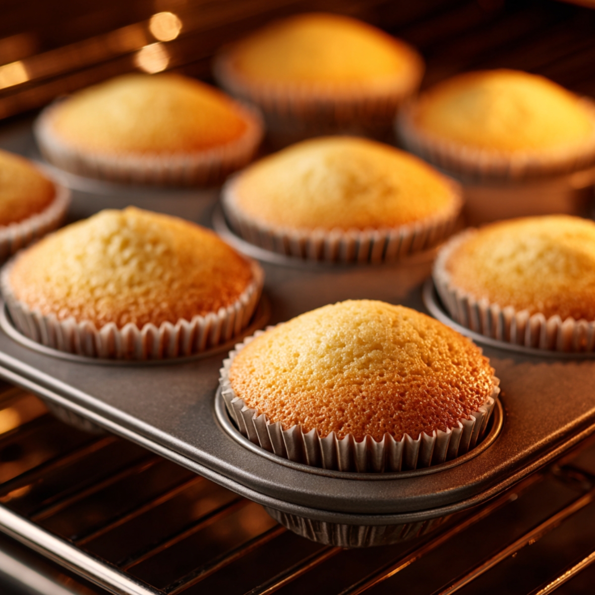 "Freshly baked vanilla cupcakes rising in a muffin tin inside an oven, with golden brown tops."