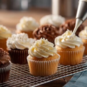 "Vanilla cupcakes with swirled buttercream frosting being decorated with a piping bag on a cooling rack, with chocolate cupcakes in the background."