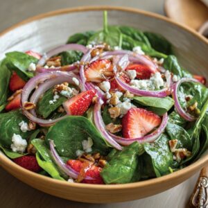 "A close-up of a fresh spinach salad in a wooden bowl, topped with sliced strawberries, paper-thin red onion, crumbled cheese, and toasted nuts, lightly drizzled with balsamic vinaigrette."