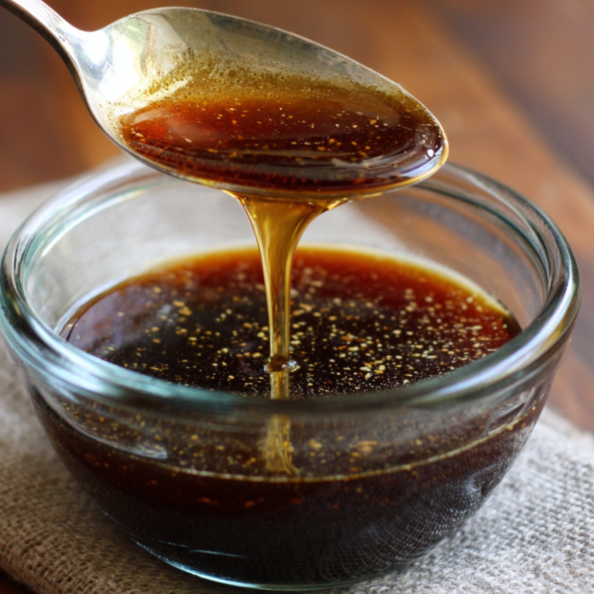 "Glass bowl of homemade balsamic vinaigrette dressing with honey and mustard, with a spoon drizzling the dressing back into the bowl."