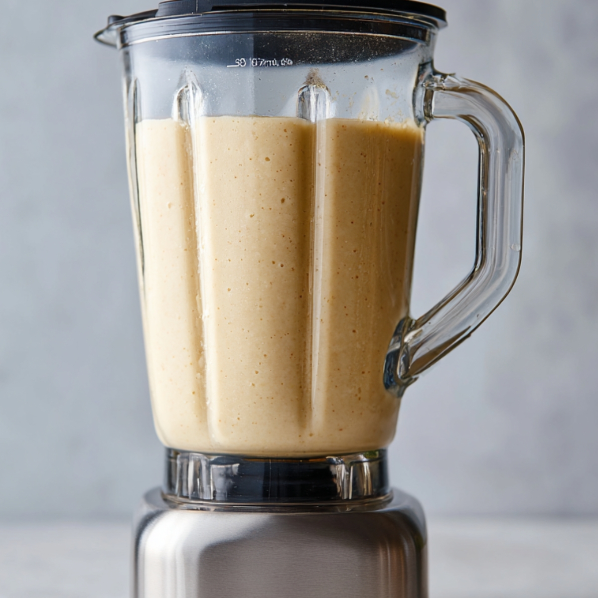 A blender filled with thick, blended smoothie, showing the creamy consistency after mixing ingredients.
