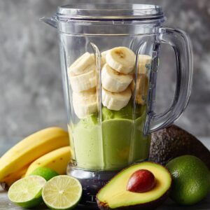 Unblended avocado smoothie ingredients in a blender, including fresh avocado and sliced bananas, surrounded by whole bananas and limes.
