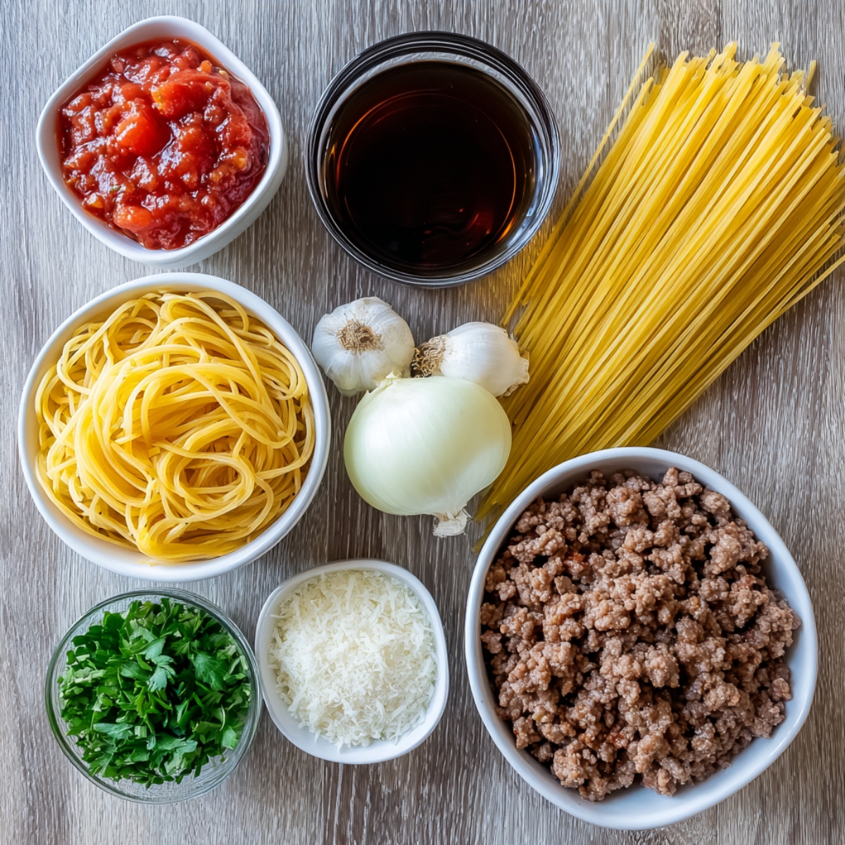 A flat-lay of ingredients for baked spaghetti, including dry spaghetti, cooked beef, tomato sauce, garlic, onion, parsley, and grated cheese.