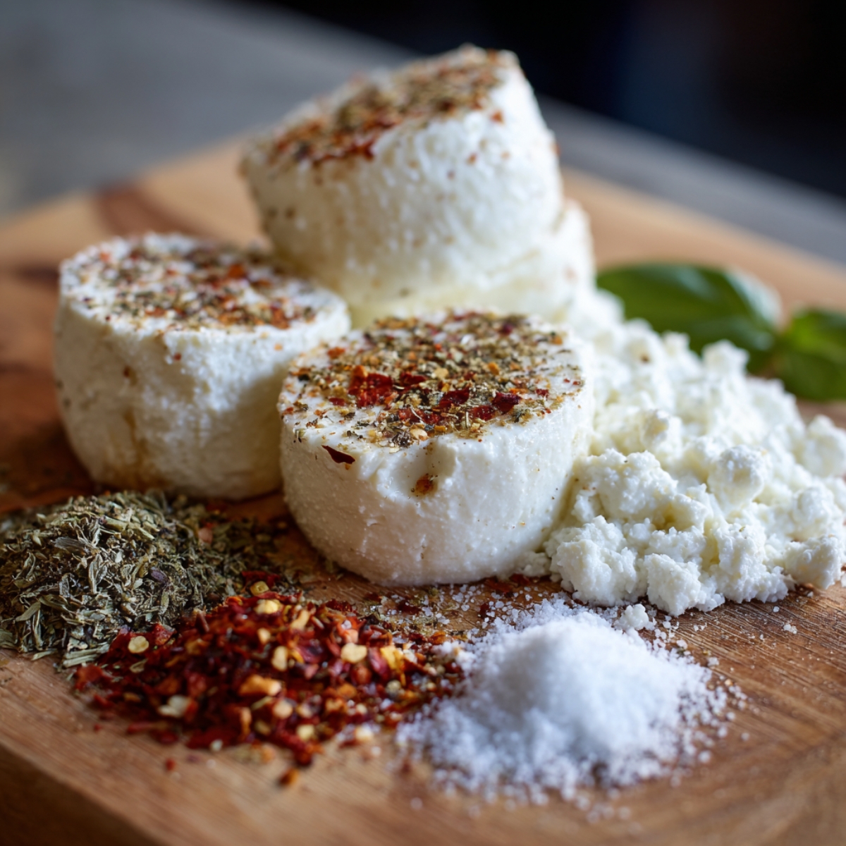 Ricotta cheese rounds on a wooden board, topped with dried herbs and surrounded by chili flakes, dried herbs, and salt.
