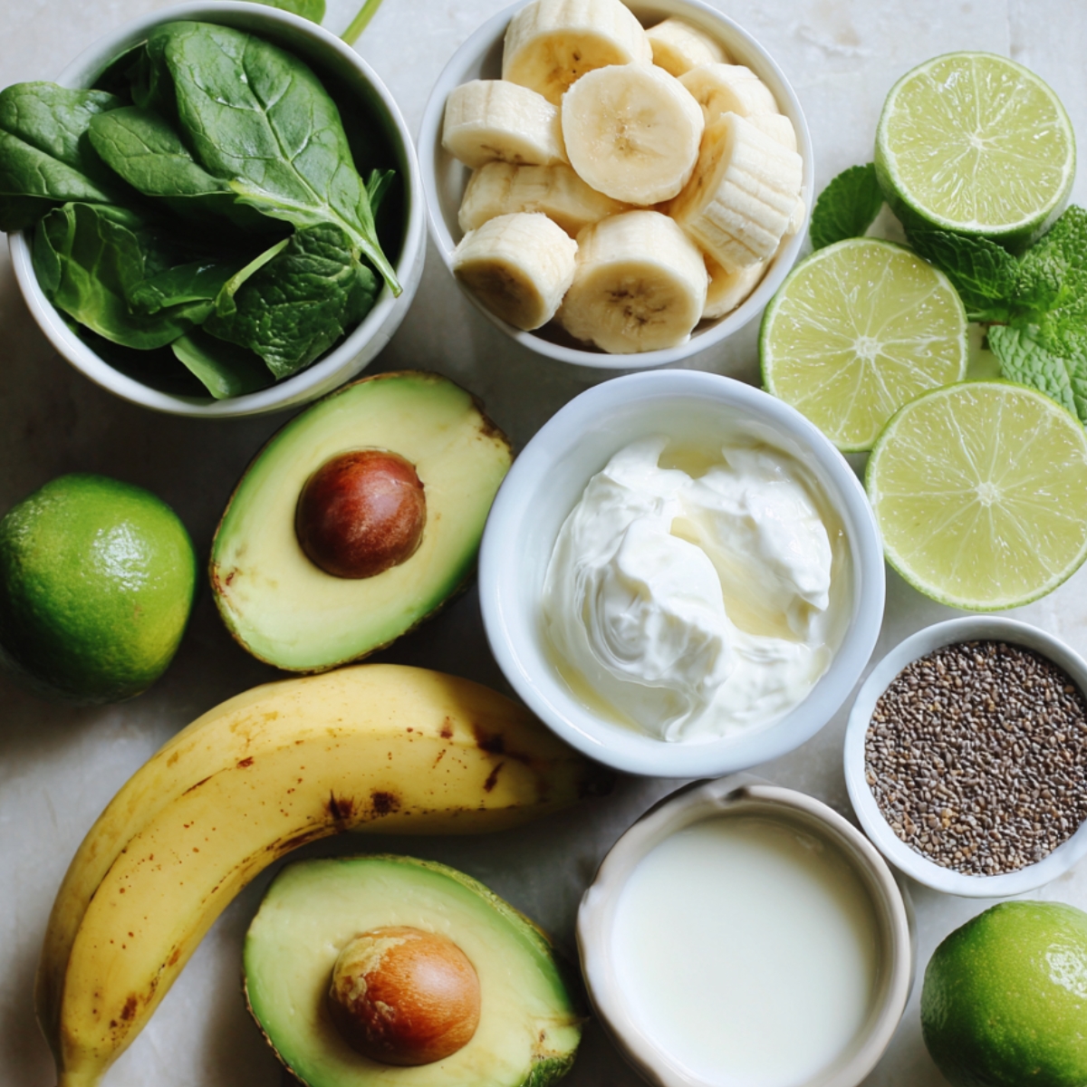 A flat lay of all ingredients for an avocado smoothie, including spinach, banana, avocado, lime, yogurt, chia seeds, and milk.