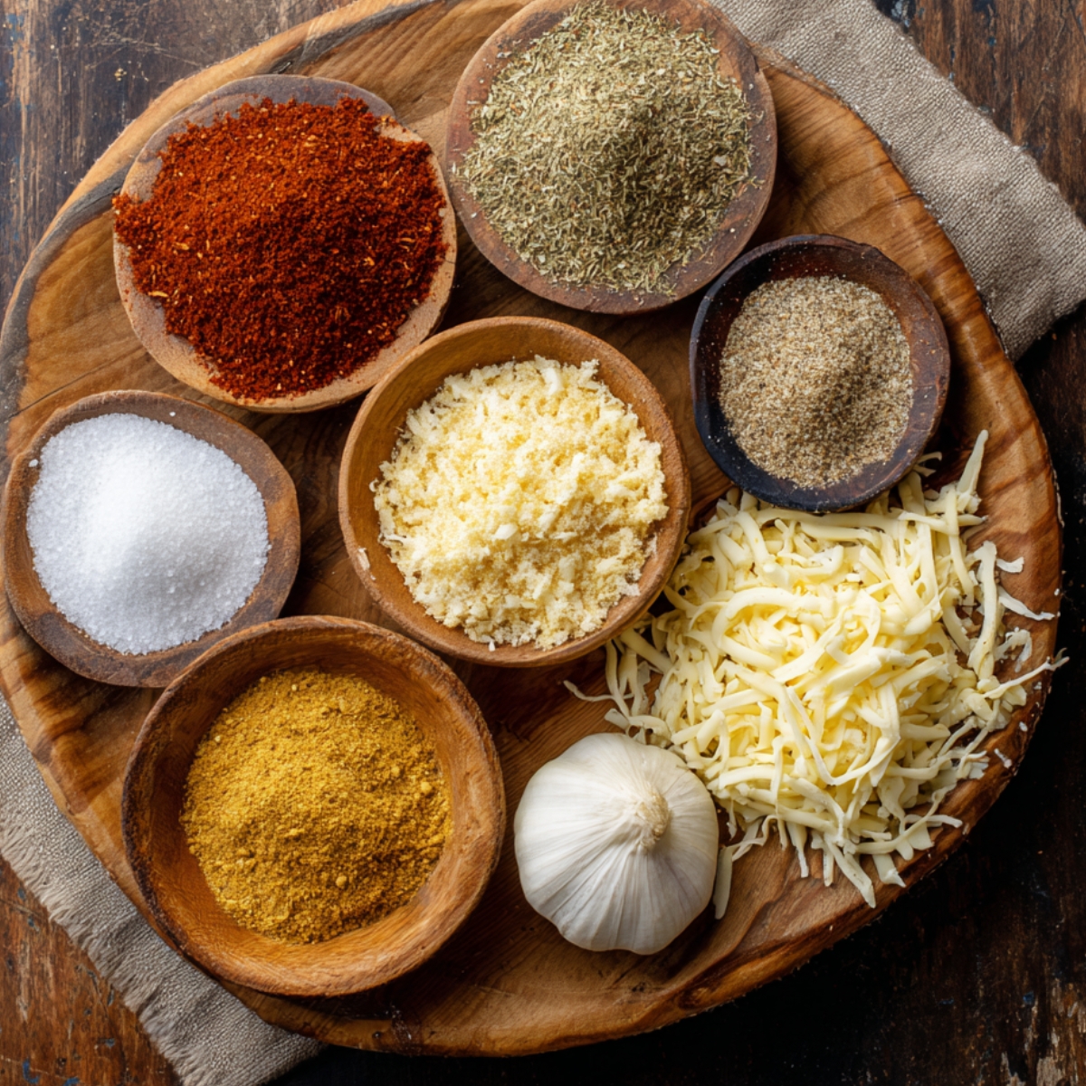 Various ingredients in small wooden bowls on a rustic tray, including shredded cheese, powdered spices, garlic, and salt—used for making chicken flautas.