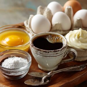 A rustic setup of coffee ice cream ingredients including a cup of black coffee, eggs in a carton, a bowl of egg yolk, powdered sugar, and cream, arranged on a wooden tray with vintage spoons.