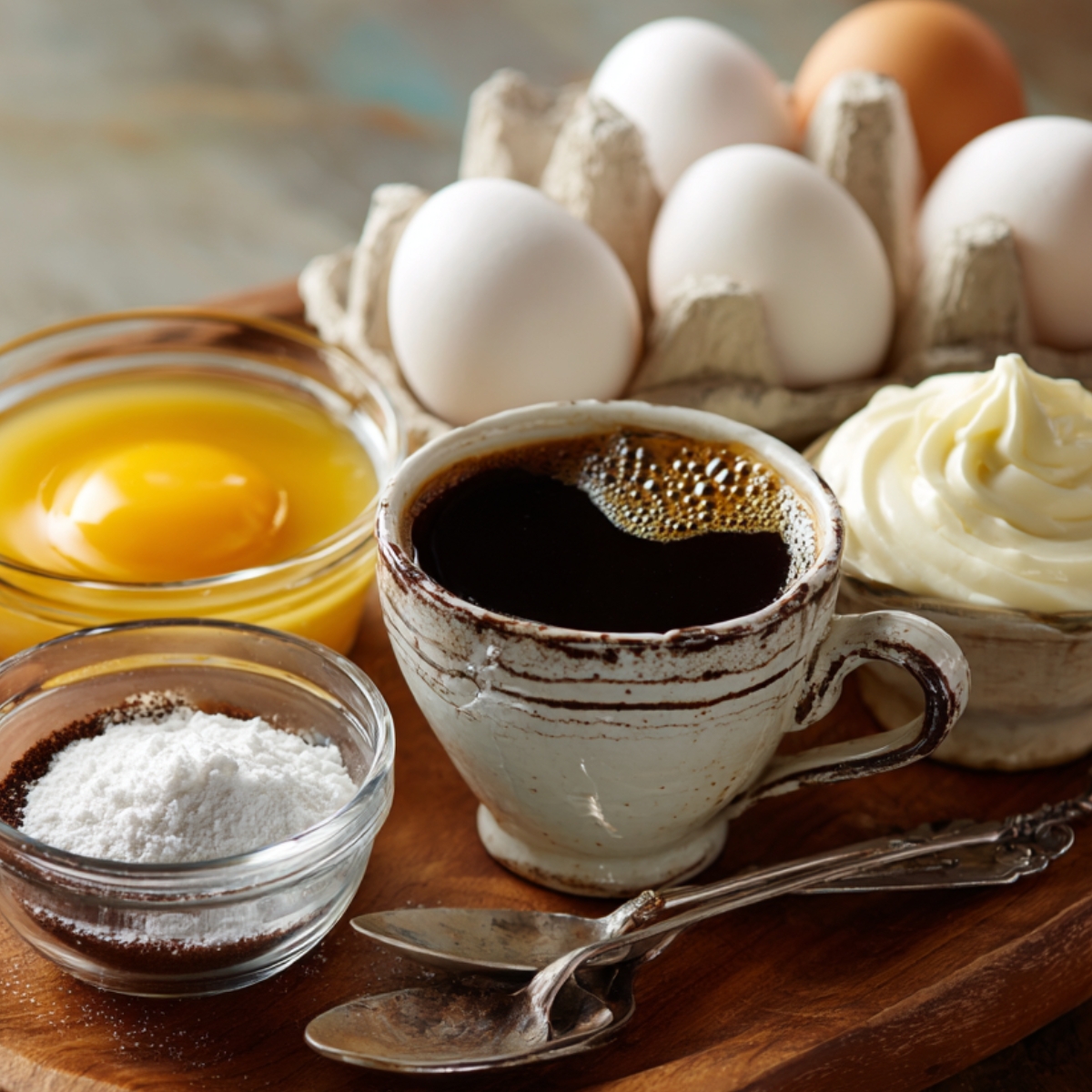 A rustic setup of coffee ice cream ingredients including a cup of black coffee, eggs in a carton, a bowl of egg yolk, powdered sugar, and cream, arranged on a wooden tray with vintage spoons.
