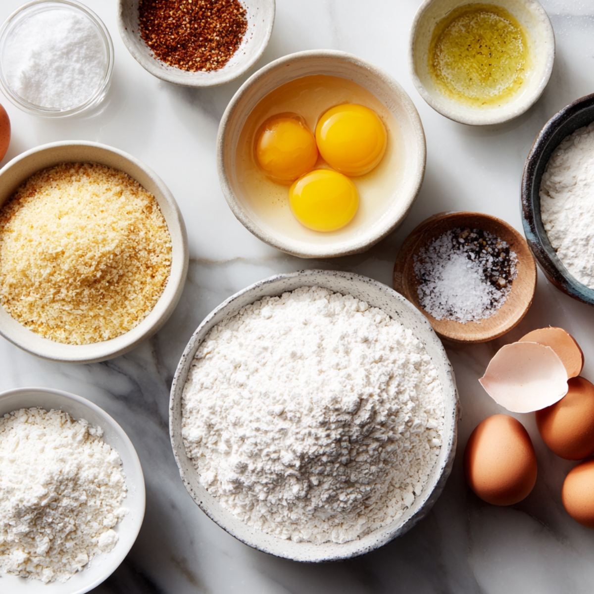 Assortment of breading ingredients for fried burrata including flour, eggs, breadcrumbs, spices, and oil on marble counter.