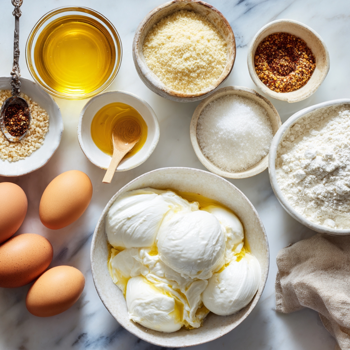 Top-down view of fresh burrata balls in a bowl surrounded by eggs, flour, parmesan, breadcrumbs, oil, and seasoning.