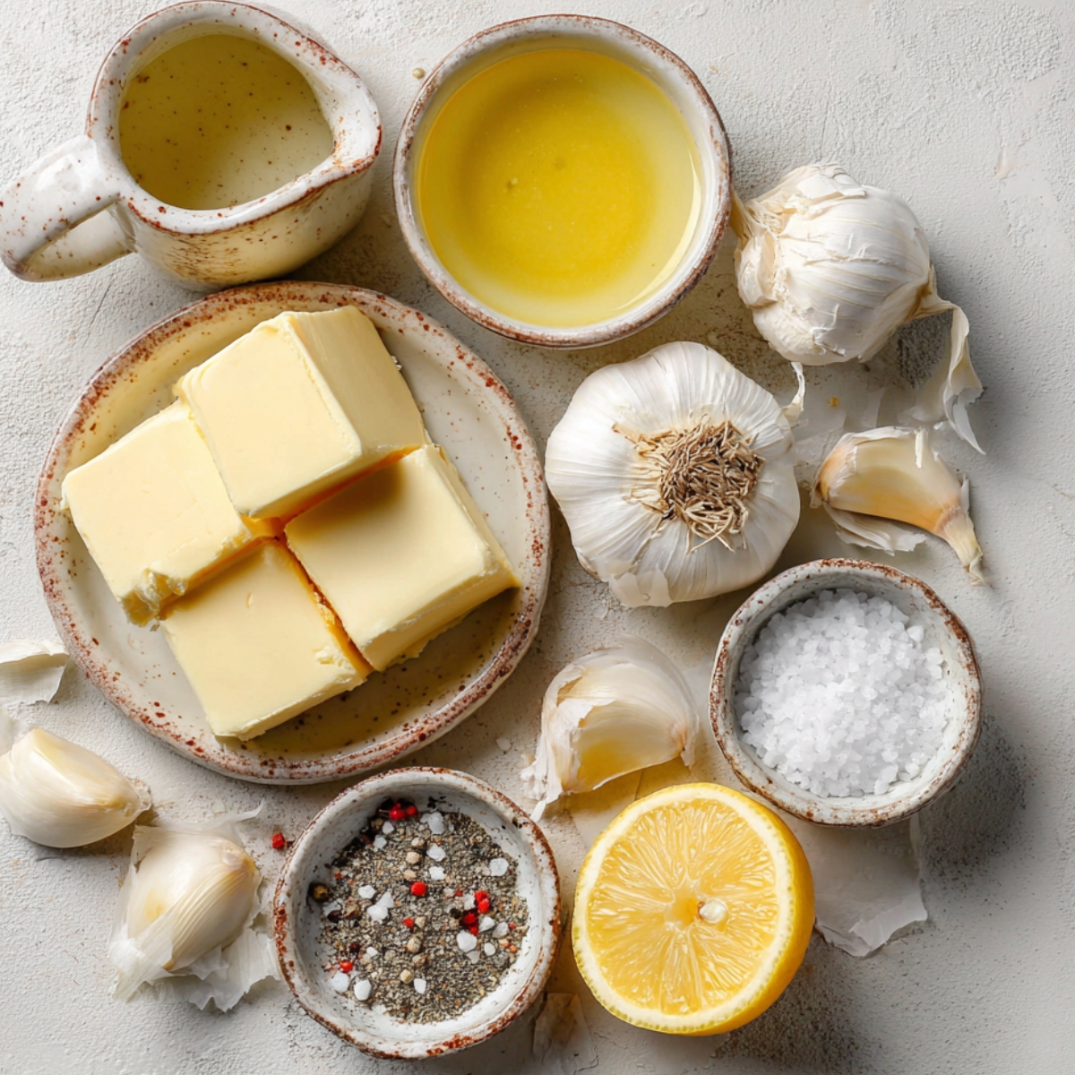 Ingredients for garlic butter: cubed butter, garlic cloves, lemon, salt, pepper, and olive oil arranged in ceramic bowls on a white background.